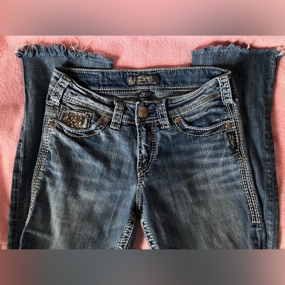 Silver Jeans 28x29 Suki Flap Low Rise Dark Wash Rhinestones Frayed Y2K McBling